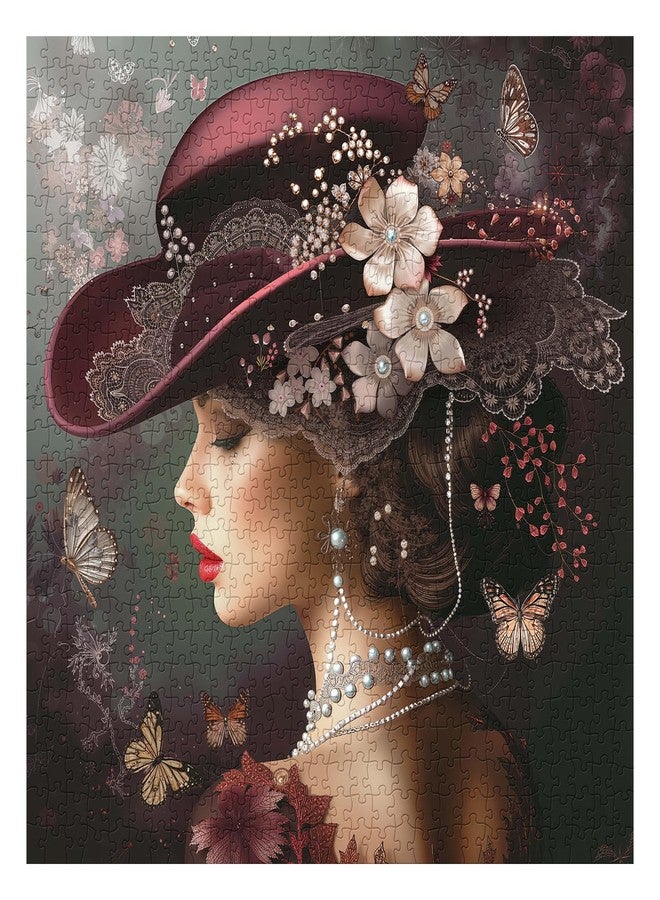 PPuzzling Elegant Victorian Lady Puzzle 1000 Pieces for Adults, Vintage Woman with Red Hat, Pearls, Flowers and Butterflies Jigsaw Puzzle, Challenging Retro Classic Aesthetic Art Puzzle - Image 2
